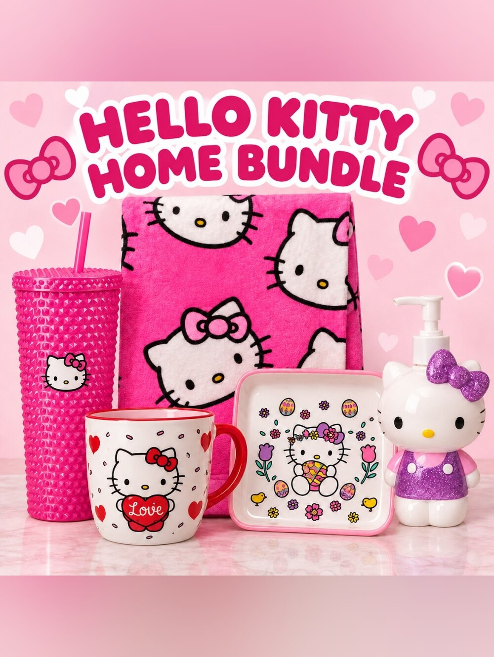 Hello Kitty Pink Home Gift Set - Pink Towel, Mug, Tumbler & Accessories